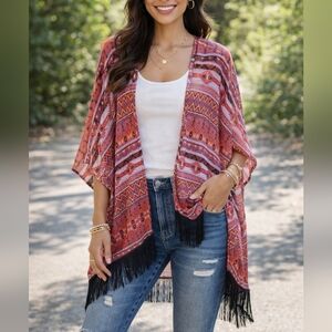 Boho Aztec Kimono w/ Fringe Maurices Tribal Print Open Front Festival Cardigan